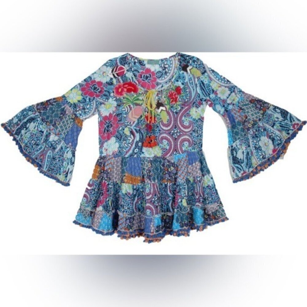 Moroccan Night Printed sequin Bell Sleeve Dress Kaftan Dress Pom-poms S/M #1352